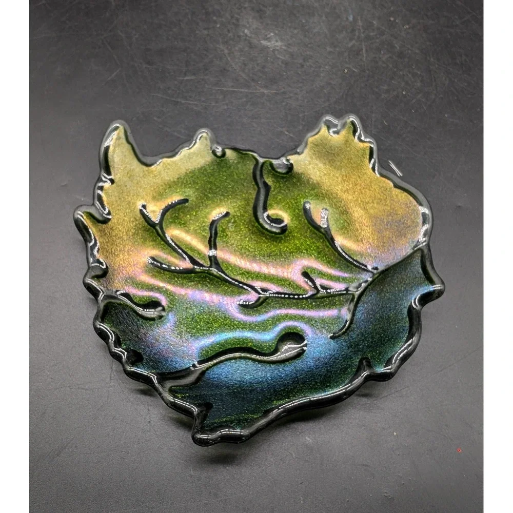 Claritas Studio Fused Art Glass Leaf Dish Iridescent Green Gold M Leeds Signed